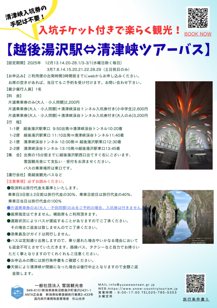 【お知らせ】冬だけの絶景！入坑券付き 湯沢⇔清津峡ツアーバス の運行について（３月も延長となりました）